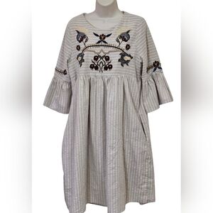 Orange Creek Cream Multi-Color Floral Embroidered Striped Babydoll Dress, Large